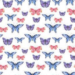 Fototapeta na wymiar Watercolor vintage colorful butterflies seamless pattern, natural butterfly texture on white