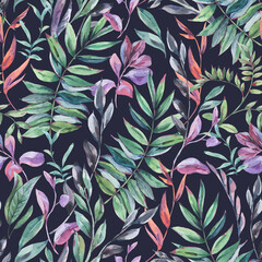 Watercolor vintage tropical leaves seamless pattern, botanical floral summer texture on black