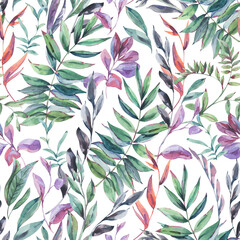 Watercolor vintage tropical leaves seamless pattern, botanical floral summer texture on white