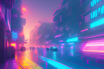 Dystopia of a Cyberpunk City, neon retro style