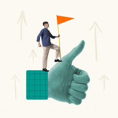Contemporary art collage. Creative design. Employee standing on hand showing like gesture meaning...