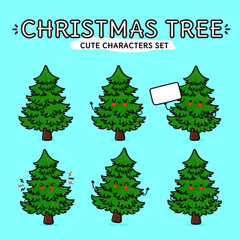 Funny cute happy Christmas tree characters bundle set. Vector hand drawn doodle style cartoon character illustration icon design. Isolated on blue background. Spruce mascot character collection