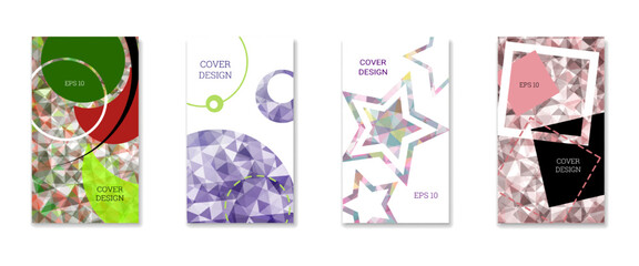 Cover design. Set of 4 covers. Imitation of crumpled paper. Unusual bright abstract background for magazine, book, splash, banner, vector. Imitation of crumpled paper