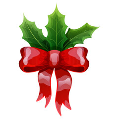 Christmas holly leaves with red bow, winter decoration in cartoon style isolated on white background.