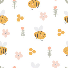 Funny baby pattern with bees and flowers. Seamless cute print in pastel colors. Cute vector background in Scandinavian style. Nursery design.