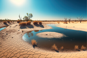 Desertification and Land degradationwith Dry lake is the process by which vegetation in dry lands due to very hot weather   generative ai  