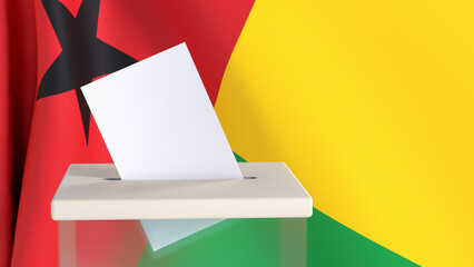 Blank ballot with space for text or logo is dropped into the ballot box against the backdrop of the flag of Guinea Bissau. Election concept. 3D rendering. Mock up