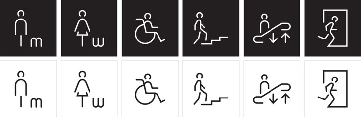 Gender icon. Man and Woman icons. Modern simple Icons vector. Restroom pictogram signage. Stairs, escalator, EXIT, and WC linear sign symbol. - obrazy, fototapety, plakaty