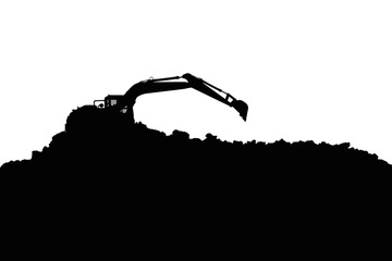 Crawler excavators silhouette are digging the soil in the construction site on the white background