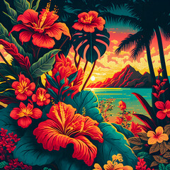 Fototapeta na wymiar Hawaiian print pattern, colorful design illustartion