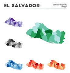 Republic of El Salvador map collection. Borders of Republic of El Salvador for your infographic. Colored country regions. Vector illustration.