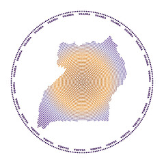 Uganda round logo. Digital style shape of Uganda in dotted circle with country name. Tech icon of the country with gradiented dots. Elegant vector illustration.