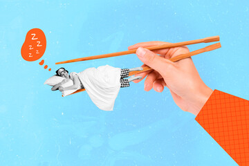 Creative photo collage of young dreaming chilling sleep take nap relaxed girl chopsticks hold...