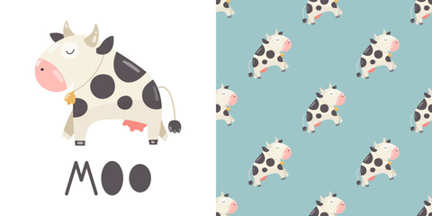 Obraz na płótnie Canvas Mooing Сow Cute Farm Animal Pattern