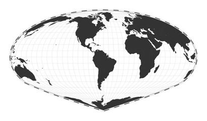Vector world map. Allen K. Philbrick's Sinu-Mollweide projection. Plain world geographical map with latitude and longitude lines. Centered to 60deg E longitude. Vector illustration.