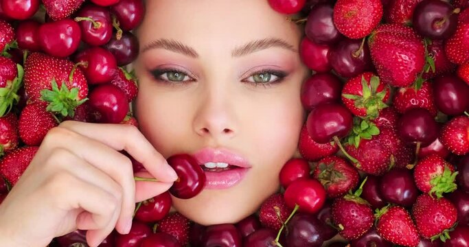 Beautiful woman holds cherry close to face. Beautiful woman with fashion makeup on  vivid background from berries. Colorful image. Sweet fruits around female face with pink eye make-up. Art concept..