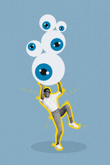 Creative 3d photo collage artwork graphics painting of shocked lady guy holding eyes pile stack isolated drawing background