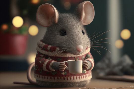 Portrait of mouse with santa hat illustration, small cute mouse with bokha background on christmas day