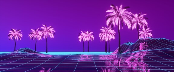 Fototapeta na wymiar Purple neon wireframe landscape with palm trees against violet sunset sky. Cyberpunk scene. Cyberspace art. Futuristic wallpaper in style of 80's. Synthwave stylization. 3d illustration.