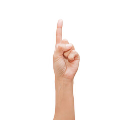 Woman palm hand, fingers bent, index finger pointing upwards, isolated on white background with clipping path