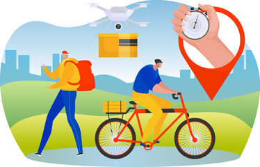Fast delivery, shipping business service with timer, vector illustration. Man courier character drive transport at speed, express transportation.