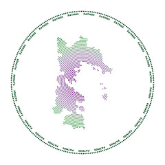 Patmos round logo. Digital style shape of Patmos in dotted circle with island name. Tech icon of the island with gradiented dots. Creative vector illustration.