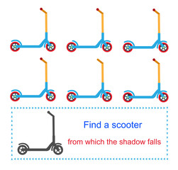 Educational game for kids. Task for attentiveness. Find a scooter from which the shadow falls. Vector illustration.