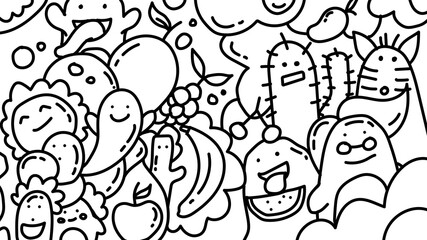 hand drawn black and white doodles character for children coloring