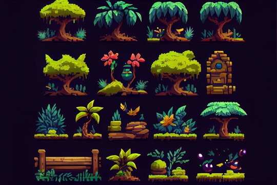 Ninja Forest Jungle Platformer Game Tileset - 2D Game Assets - Mobile Game