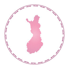 Finland round logo. Digital style shape of Finland in dotted circle with country name. Tech icon of the country with gradiented dots. Cool vector illustration.
