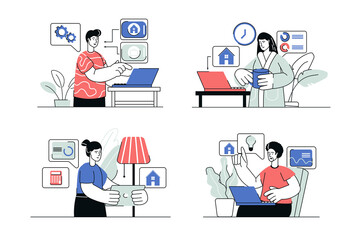 Freelance working concept set in flat line design. Men and women work on laptops from home offices, making tasks remotely and communicate online. Illustration with outline people scene for web