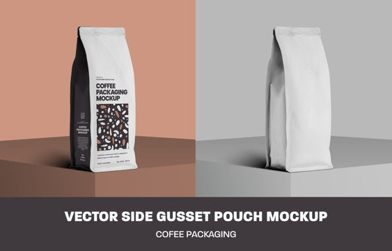 Mockup of white vector coffee pouch gusset with degassing valve, packaging for design, presentation on cube.