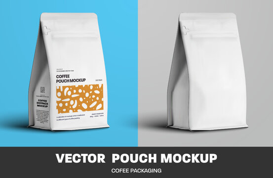 Mockup of white realistic coffee pouch, zip doypack, vector packaging, isolated on background.