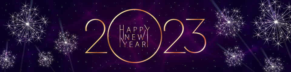 Happy New Year 2023. Festive banner in bright color with sparklers and golden numbers