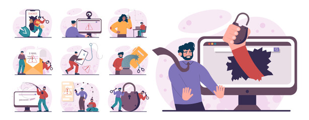 Data theft concept set. Cyber attack, hacker stealing personal data