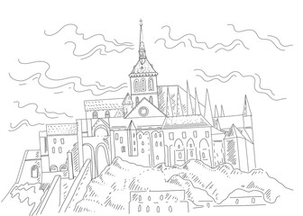 

palace fortress hand drawn building on the hill. Landscape historical architecture sketch. Travel landmarks separately on white background tower window wall