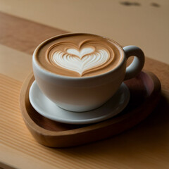 White coffee cup with heart-shaped latte art, close-up