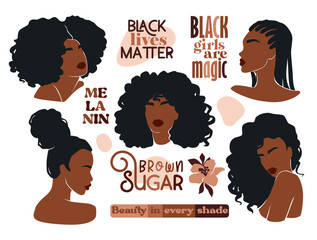 Afro American Woman Vector Illustration Set. Beautiful Girls Dark Skin. - 556450744