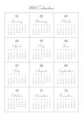 This is year planner with a year 12 month calendar for 2023. Note, scheduler, diary, calendar planner document template illustration.