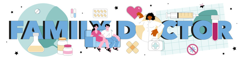 Family doctor typographic header. Modern medicine treatment, expertize