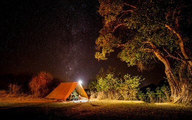 Camping in the wilderness. A pitched tent under the glowing night sky stars of the milky way, Laikipia, Kenya. © Gunter