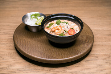 Restaurant dish - mushroom cream soup with seafood