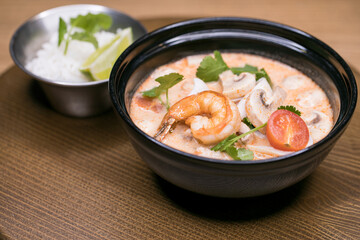 Restaurant dish - mushroom cream soup with seafood
