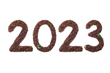 New Year 2023 made of coffee beans on white background. 2023 coffee background. Coffee drink, coffee shop, cafe, advertising concept