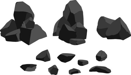 A set of black charcoal of various shapes.Collection of pieces of coal, graphite, basalt and anthracite. The concept of mining and ore in a mine.Rock fragments,boulders and building material.