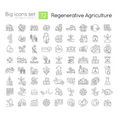 Regenerative agriculture linear icons set. Ecologically safe farming. Nature conservation. Ecosystem. Customizable thin line symbols. Isolated vector outline illustrations. Editable stroke