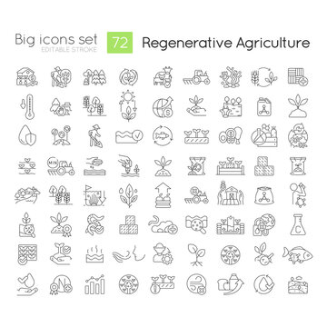 Regenerative agriculture linear icons set. Ecologically safe farming. Nature conservation. Ecosystem. Customizable thin line symbols. Isolated vector outline illustrations. Editable stroke © bsd studio