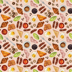Traditional English Breakfast Seamless Pattern, Watercolor Breakfast print, Morning meal background, Fried eggs, bacon, toast, tomato, mushrooms, baked beans, sausages, black pudding