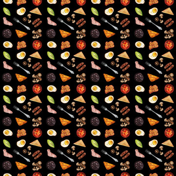 Traditional English Breakfast Seamless Pattern, Watercolor Breakfast print, Morning meal background, Fried eggs, bacon, toast, tomato, mushrooms, baked beans, sausages, black pudding