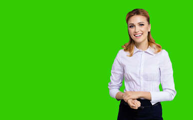 Happy smiling attractive businesswoman, with copy space area for some slogan or text. Confident...
